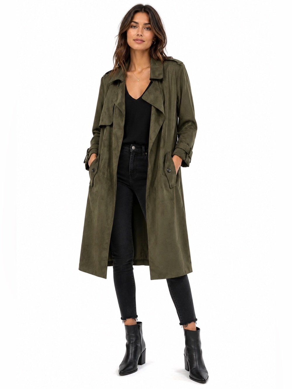 Zara faux suede olive green trench with tie size large